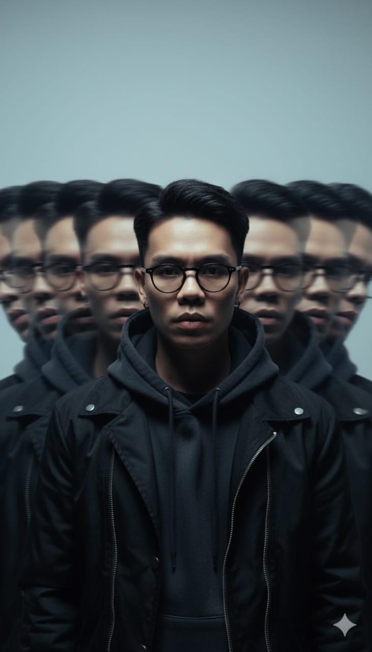 Surreal vertical portrait with blurred copies