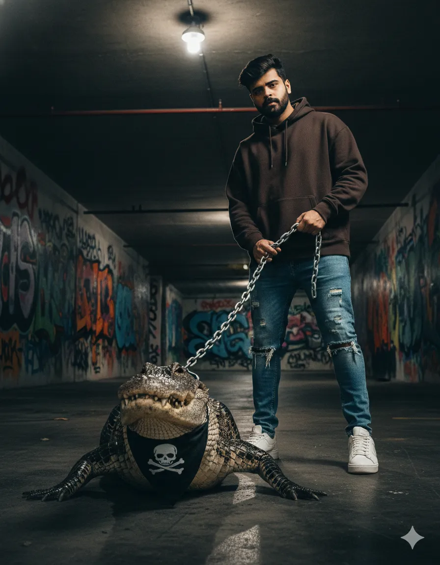 holding alligator on chain in parking lot