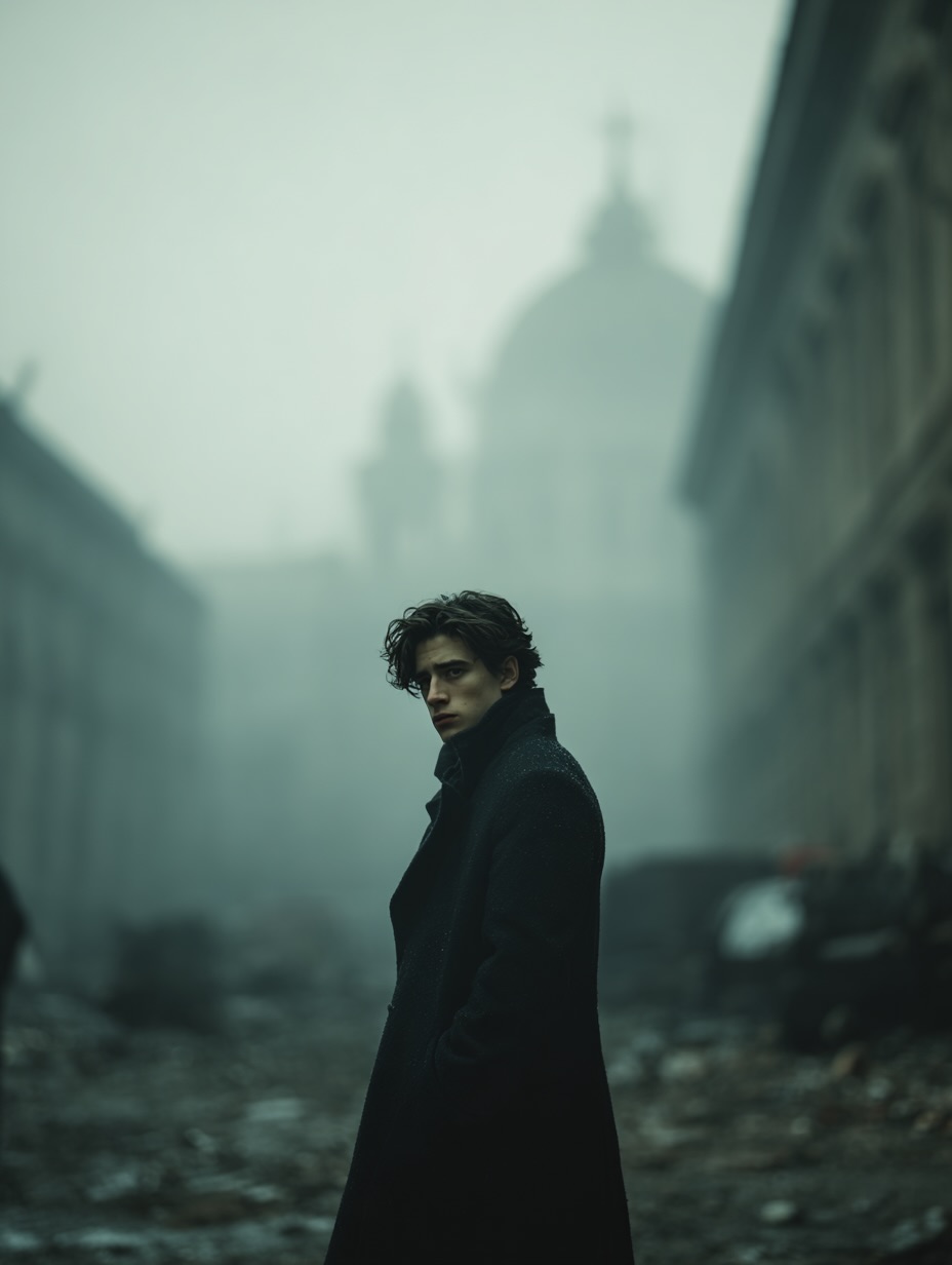full body ruined city street fog overcoat