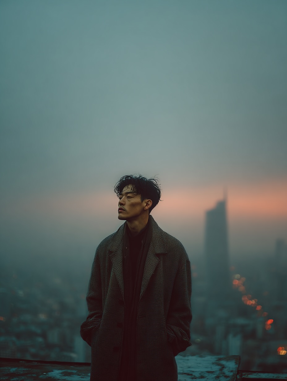 rooftop edge foggy city skyline melancholic