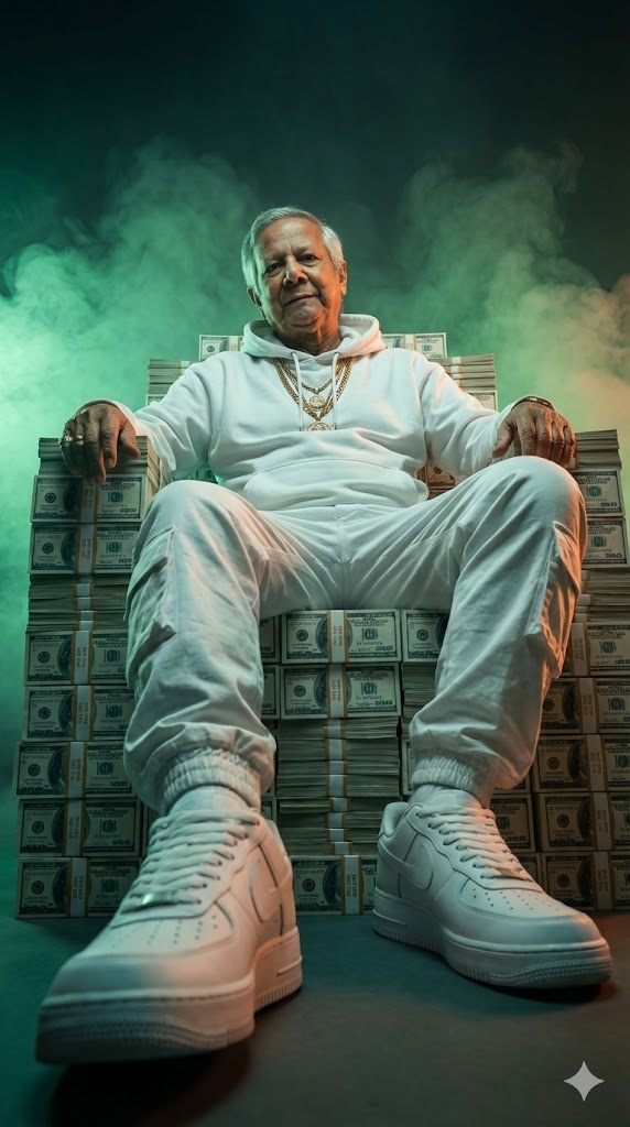 sitting on cash throne low angle green fog