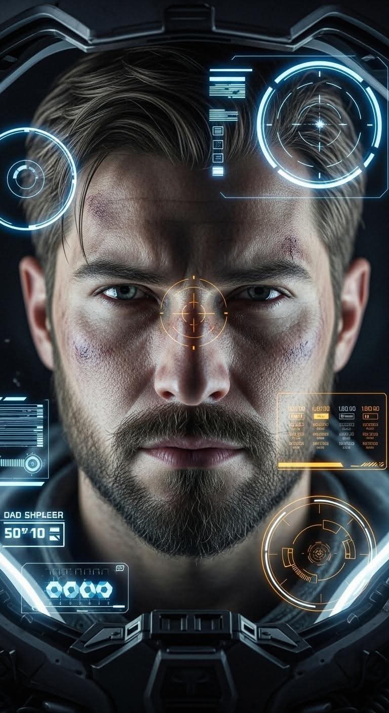 Battle-worn face in futuristic helmet