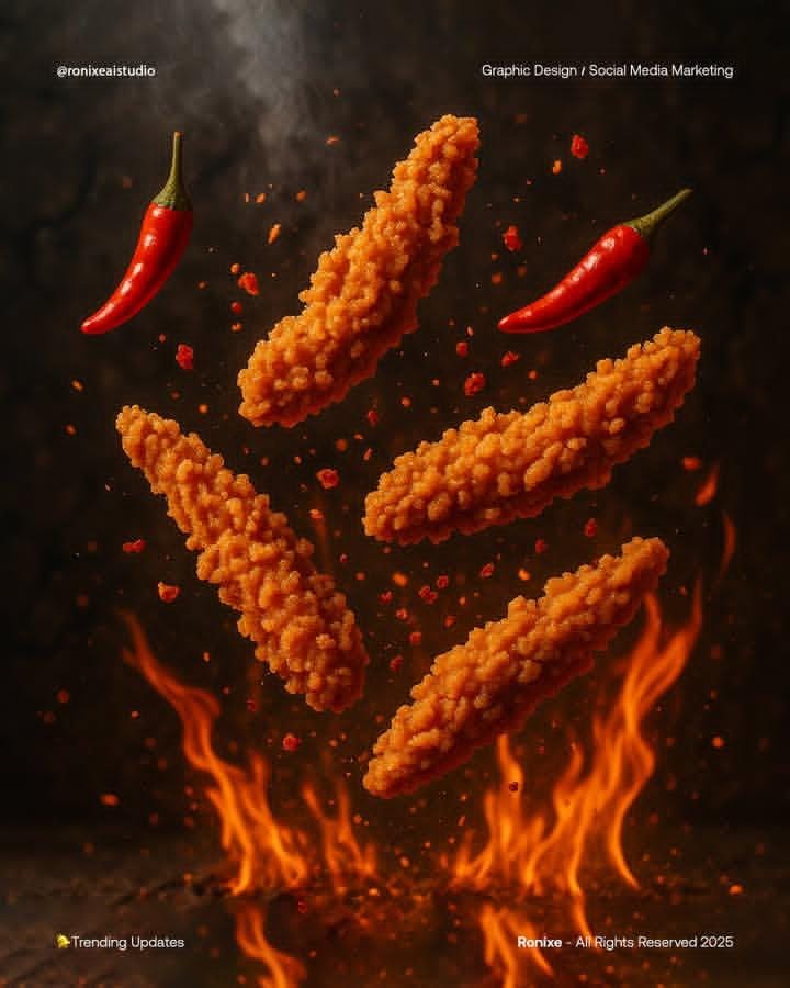 Fried chicken mid-air with flames and comic headline